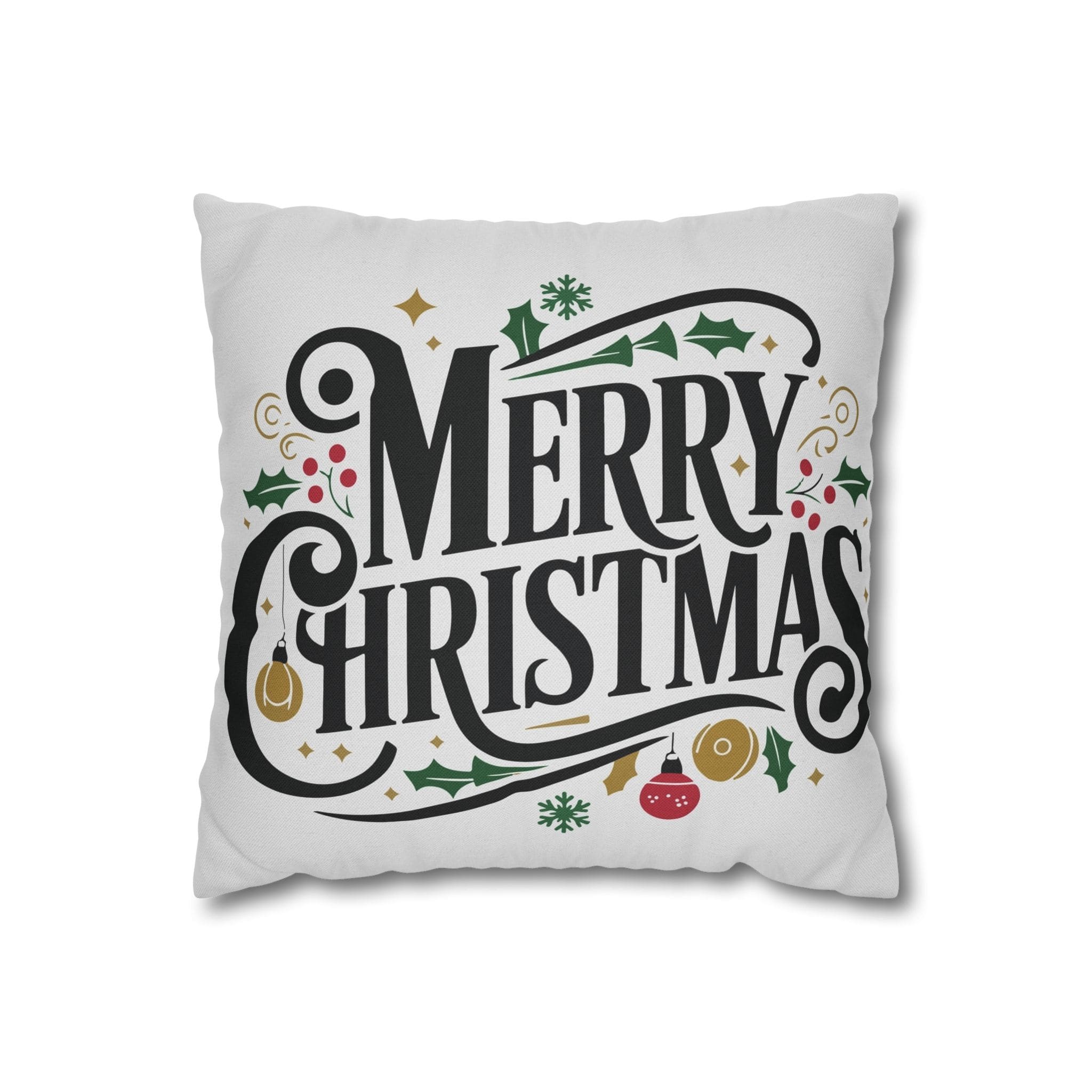 Festive Red, Green, and Gold Merry Christmas Spun Polyester Square Pillowcase with Holiday Decorations