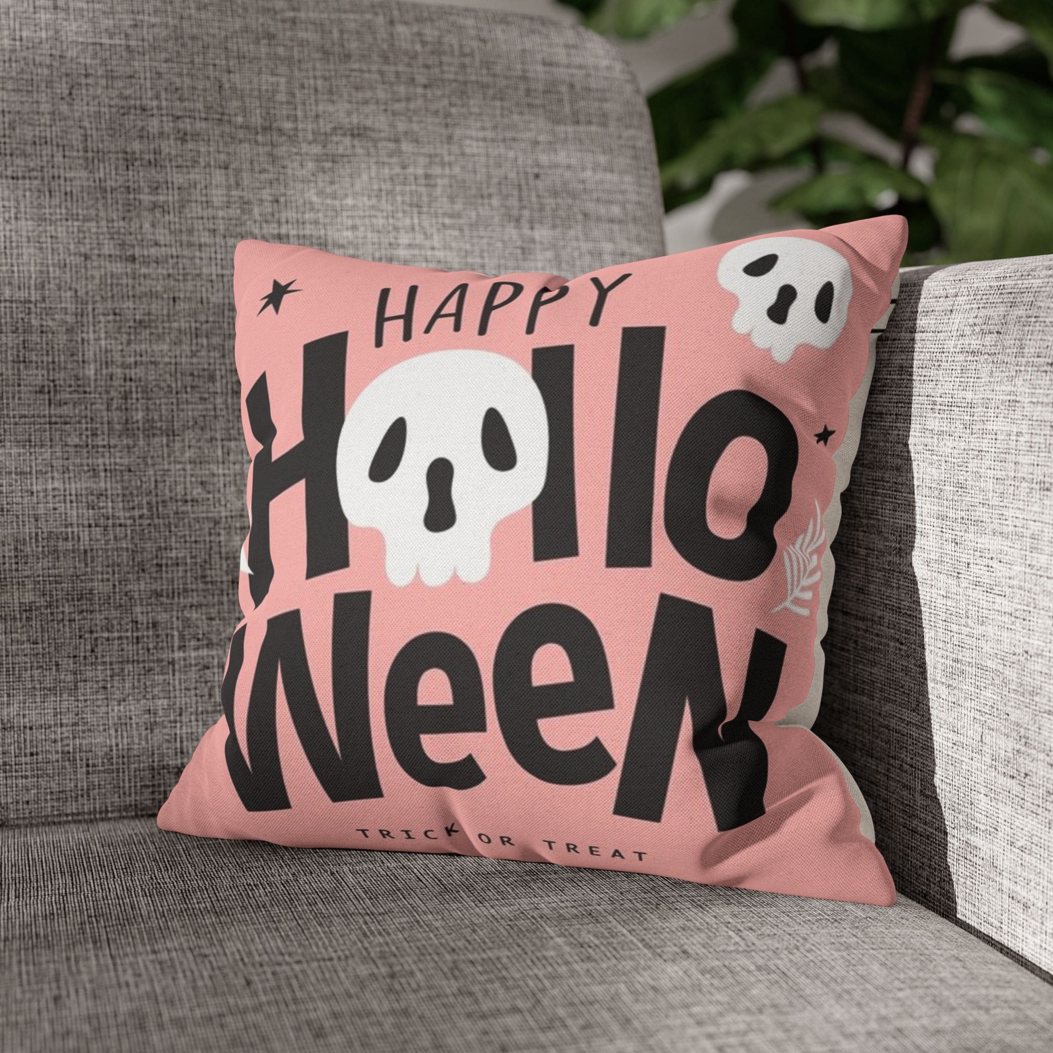 Pink Halloween Skull Design Spun Polyester Square Pillowcase with Trick or Treat Theme