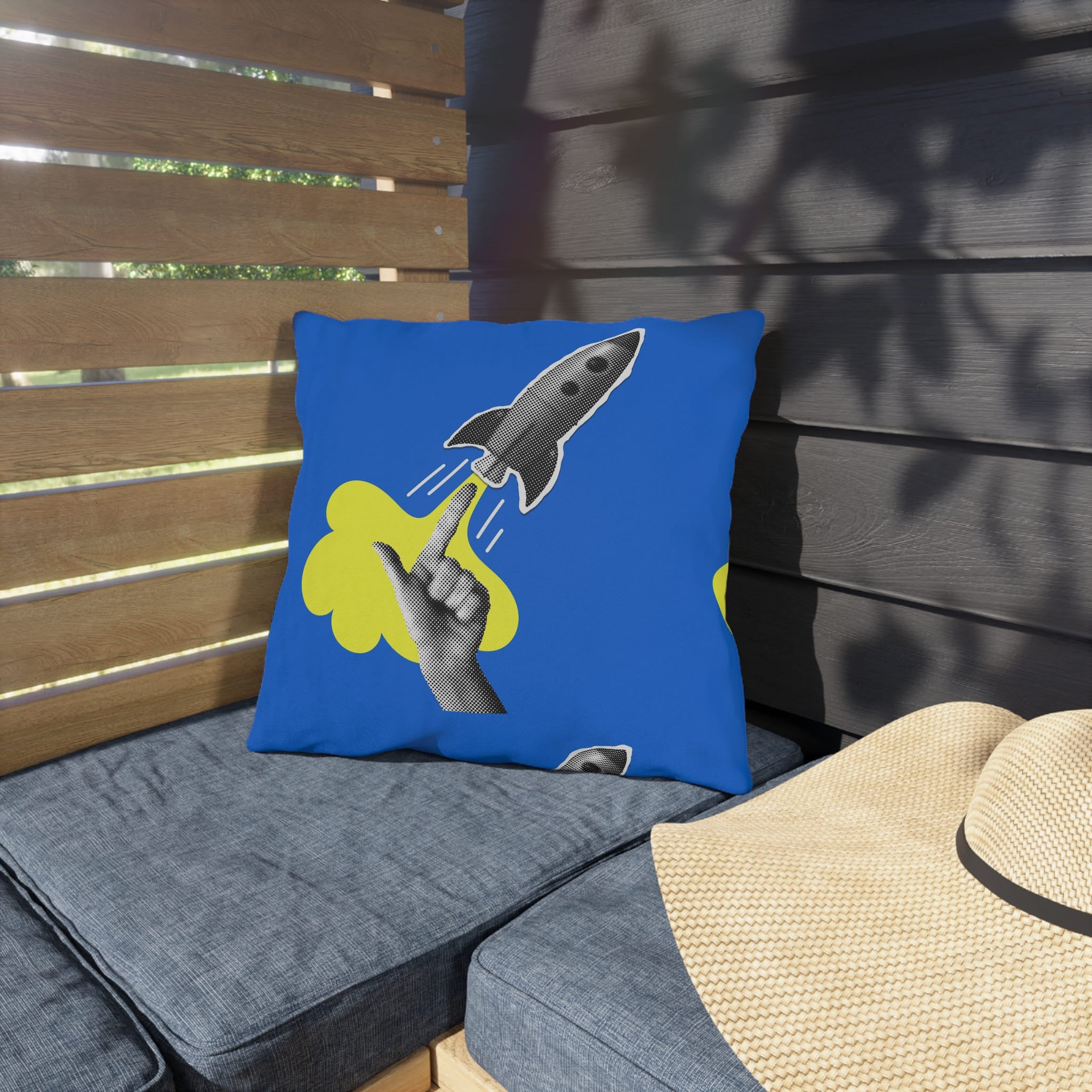 Blue Rocket Launching Spun Polyester Square Pillowcase with Bold Graphic Design