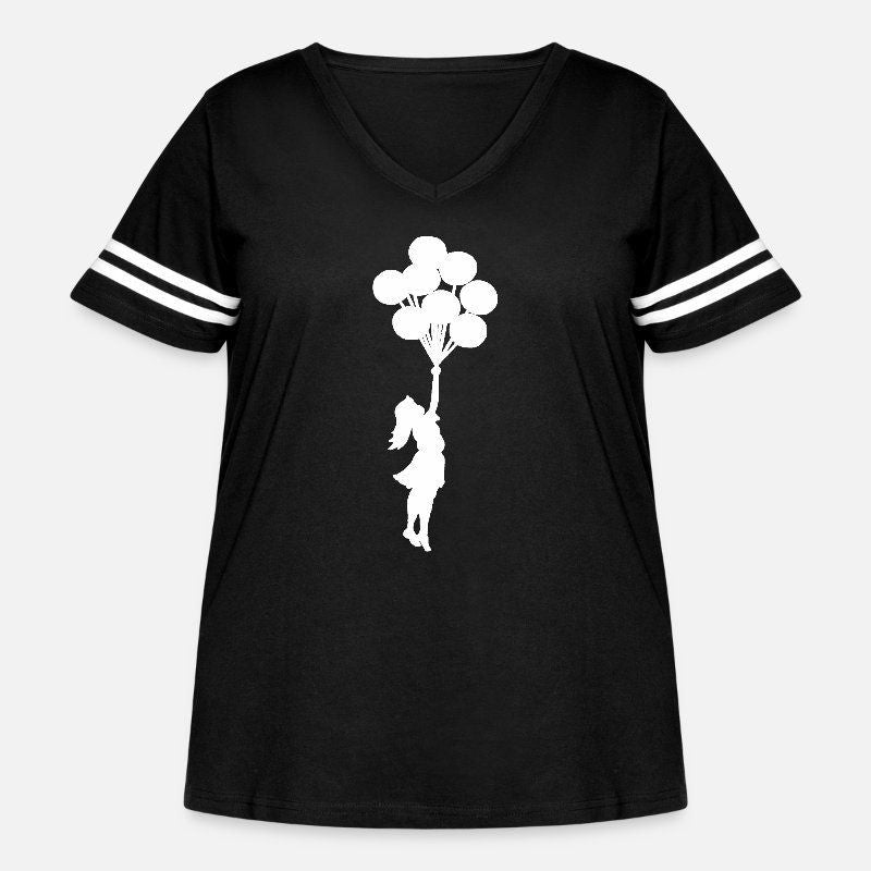 Banksy Girl with balloons. Womens Curvy V-Neck Football Tee