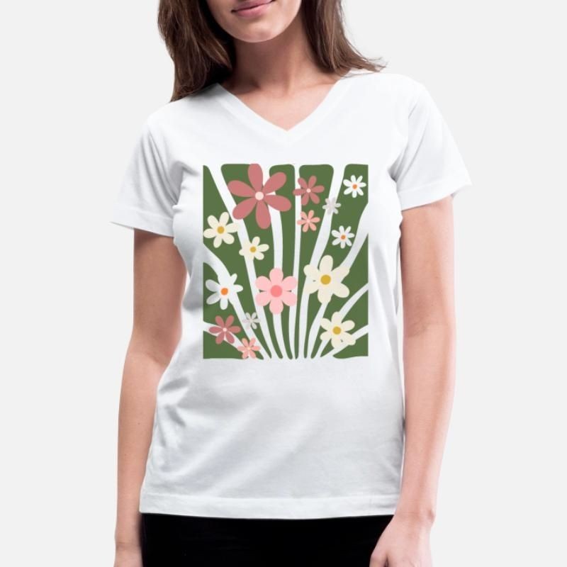 Boho Wildflower Tshirt Vintage Floral Graphic Womens V-Neck T-Shirt