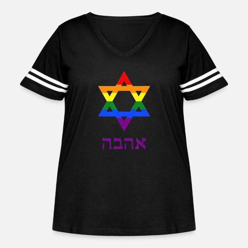 Gay Pride Jewish Star Of David Hebrew Love Rainbow Womens Curvy V-Neck Football Tee
