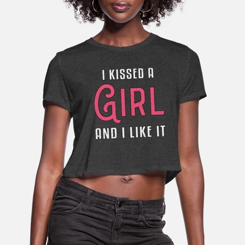 Lesbian I Kissed A Girl And I Like It LGBT Vintage Womens Cropped T-Shirt