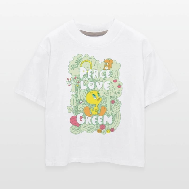 Looney Tunes Tweety Peace Love Green Design Womens Boxy Tee
