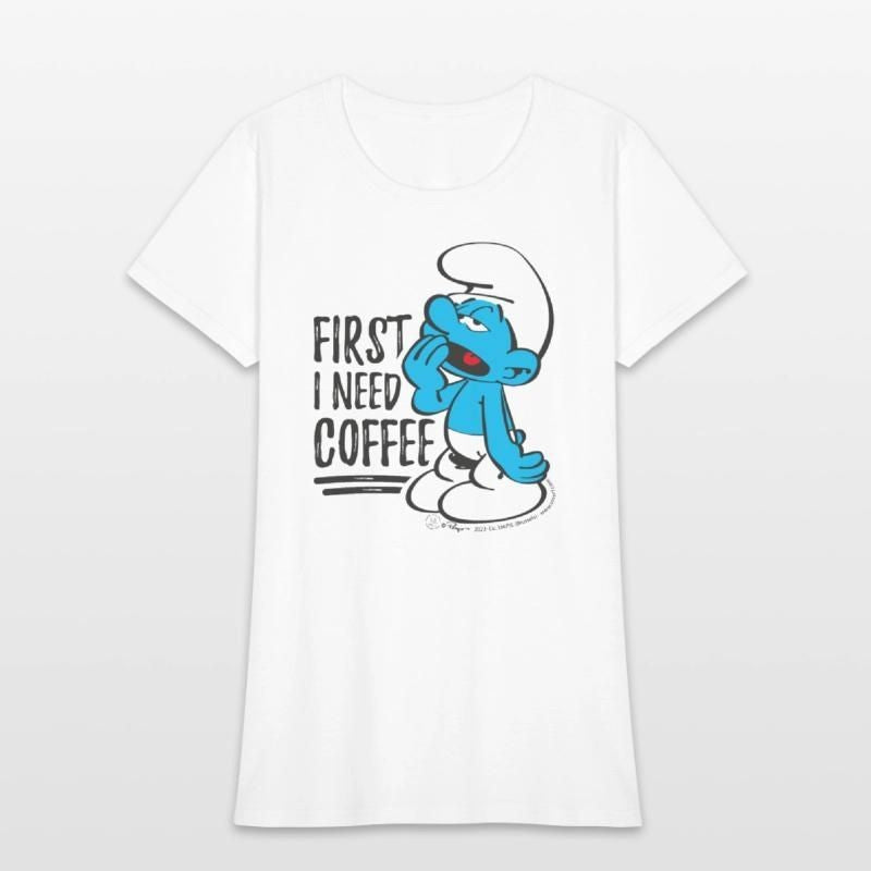 The Smurfs First I Need Coffee Womens T-Shirt